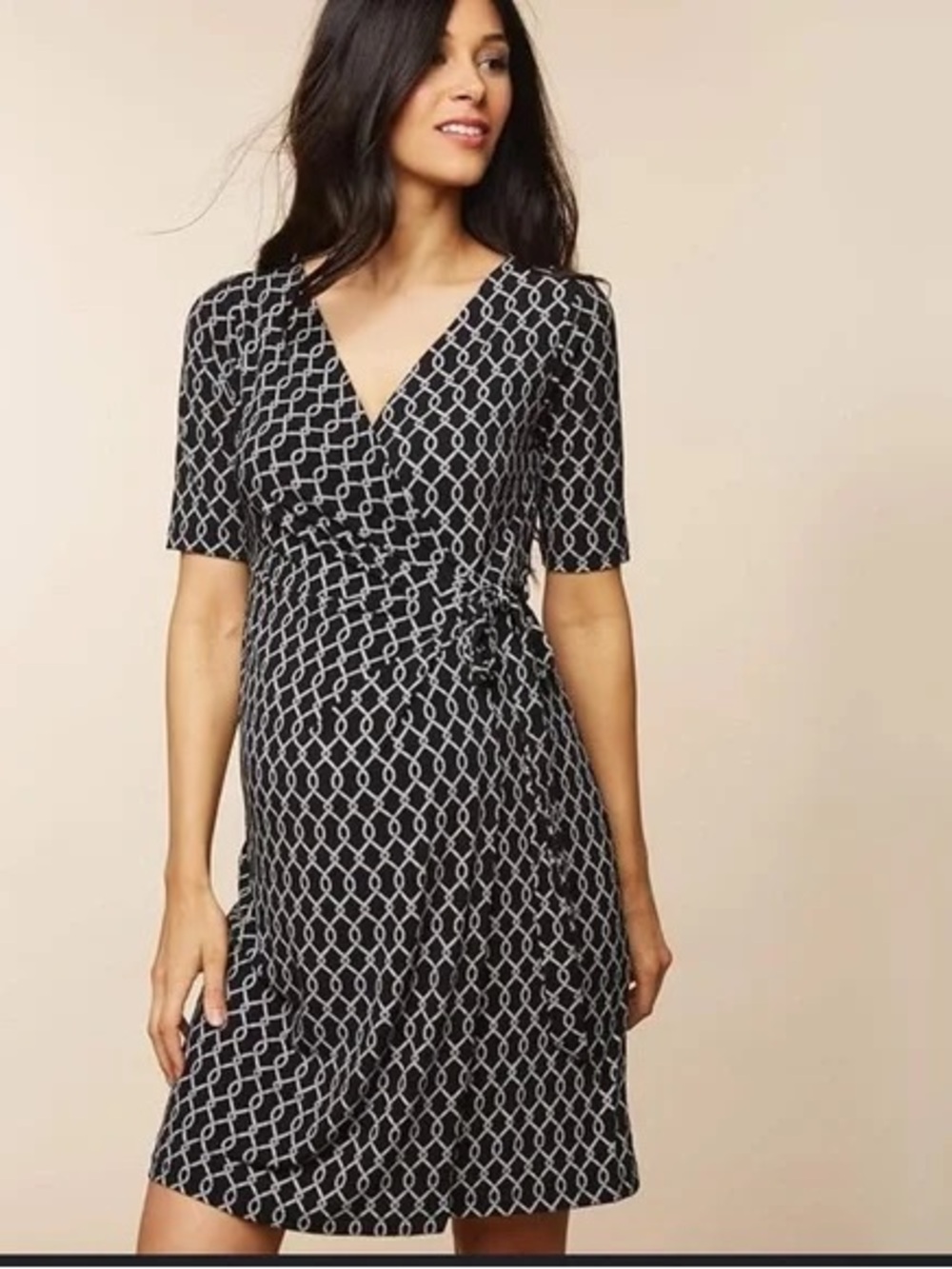 Motherhood Maternity Wrap Dress Black Chain Rope Print